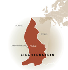 Et kort der viser omridset af Liechtenstein mellem Schweiz og Østrig