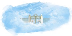 Ilustracija koja prikazuje dva anđela na nebu koja stoje pred vratima