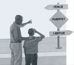 Babë e bir shohin tabelat rrugore që tregojnë pubertetin gjatë kalimit nga fëmijëria në moshën e rritur