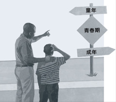 父親和兒子看著路標，上面分別寫著童年、青春期和成年三個人生階段