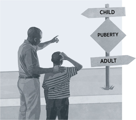 A father and son look at a signpost showing puberty on the road from childhood to adulthood