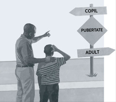 Un tată și fiul său se uită la un indicator care arată că pubertatea se află între copilărie și maturitate