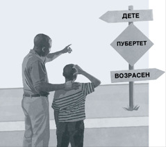 Татко и син гледаат во патоказ на кој е означен пубертетот како пат од детството кон зрелите години