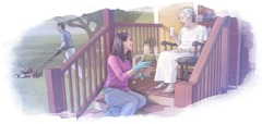 Une femme âgée est assise sous le porche de sa maison, tandis que deux jeunes s’occupent de son jardin