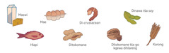 Maswi, mae, di-crustacean, dinawa tša soy, hlapi, ditokomane, ditokomane tša go kgewa dihlareng le korong