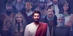 Jézus az előtérben, mögötte ókori uralkodók