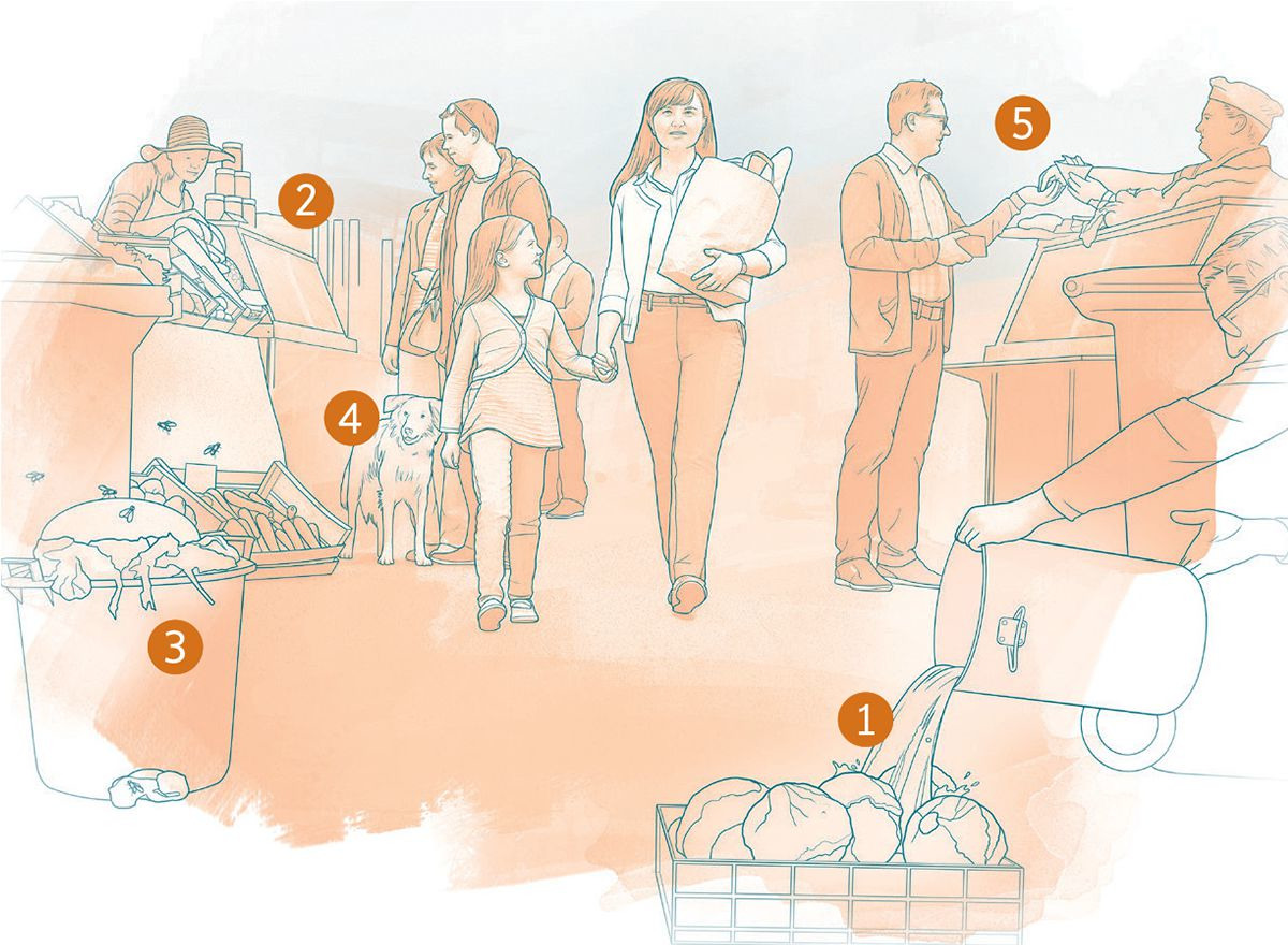 A woman and her daughter walk through a market