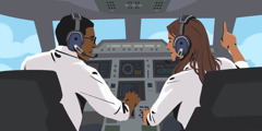 Мъж и жена си сътрудничат като двама пилоти в самолетна кабина