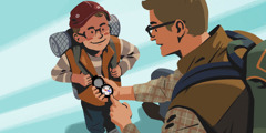 Ein Vater und sein Sohn gebrauchen einen Kompass, um den richtigen Weg zu finden