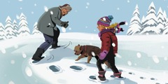 Holčička jde ve stopách, které nechal ve sněhu její tatínek