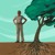 Nuori mies seisoo suorassa puun vieressä, jota tuuli pieksää