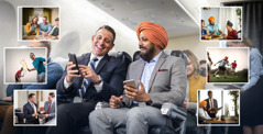The same Caucasian man and Sikh man sharing pictures with each other of things they have in common, such as family, sports they like to play, and work.