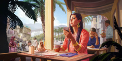 Eine Frau in Indien sitzt in einem Straßencafé und denkt über das nach, was sie gerade gelesen hat.