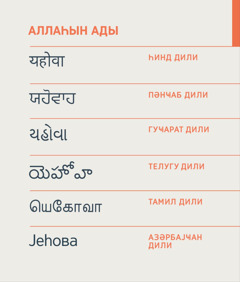 Һинд, пәнҹаб, гуҹарат, телугу, тамил вә Азәрбајҹан дилиндә Аллаһын ады.