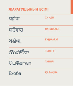 Хинди, панджаби, гуджарат, телугу, тамил және қазақ тілінде жазылған Жаратушының Ехоба деген есімі.