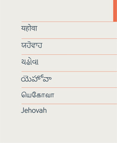 El nombre del Creador, Jehová, escrito en los idiomas hindi, punyabí, gujarati, telugu, tamil y español.