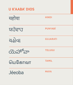 Jéeoba, u kʼaabaʼ Dios tsʼíibtaʼan ichil le idiomaʼob hindi, punyabí, gujarati, telugu, tamil yéetel maya.