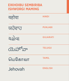 Ishworgi ming Jehovah haibasi Hindi, Punjabi, Gujarati, Telugu, Tamil amasung English londa iba.