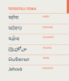 ToTeotsij itoka, Jehová, ijkuilijtok ipan tlajtoli hindi, punyabí gujarati, telugu, tamil, uan nahuatl.