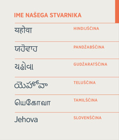 Stvarnikovo ime Jehova, zapisano v hindijščini, pandžabščini, gudžaratščini, teluščini, tamilščini in slovenščini.