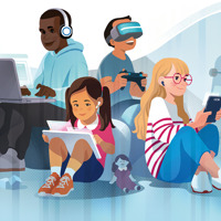 Niños de diferentes edades usan dispositivos electrónicos en vez de jugar con sus juguetes o hacer deporte.