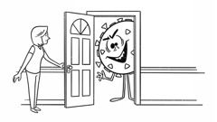 Een scène uit de video ‘Wat je kunt doen als er een virus uitbreekt’. Een vrouw opent de voordeur voor een virusdeeltje.