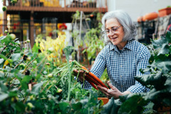 Starejša ženska z vrta pobira korenje.