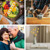 Collage: 1. A variety of healthful foods on a table. 2. A carpenter hammering a nail into a piece of wood. 3. An older couple embracing. 4. An open Bible next to a vase with flowers.