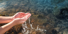 Uma mulher enchendo suas mãos com a água limpa de um riacho.
