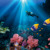 Potapljač plava v oceanu, okoli njega so barvite ribe, korale in morske rastline.