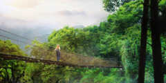 A woman walking on a suspension bridge in a rainforest.