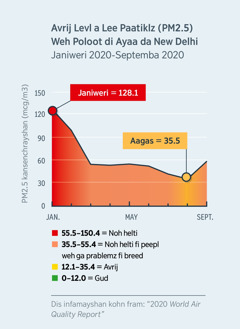 Dis da wahn chaat weh shoa humoch lee paatikl (PM2.5) mi deh eena di ayaa da New Delhi, India. Eena Janiweri 2020 di levl da-mi 128.1, ahn dat noh helti fi nobadi. Ahn bai Aagas 2020 di levl mi jrap tu 35.5, ahn da levl mi aarait.