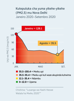 Chimwe chizulie chinasolola mu yimako-yimako chize mwiku wapwile mu Nova Delhi, Índia (PM2.5). Ha Janeiro 2020 yuma yikehe-yikehe yize yakupihisa mwiku yahetele ndo 120.1, alioze ha Agosto 2020 yiyitepuluka ndo ha 35.5.