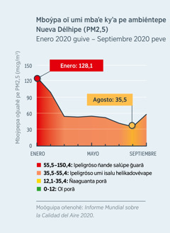 Peteĩ taʼanga ohechaukáva pe nivél de kontaminasión (PM2.5) Nueva Délhipe, India. Oĩ kuri 120,1, upéva ipeligróso ñande salúpe g̃uarã, péro upéi enero 2020-pe saʼive 35.5-gui, ha agosto 2020-pe ja omachavéma voi.