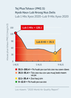 Daim duab qhia tias cov plua tshauv muaj ntau npaum li cas nyob hauv tej huab tej cua hauv lub nroog Nus Delis teb chaws Eedias. Nyob rau lub 1 Hlis xyoo 2020 siab txog 128.1, qhov no qhia tias tej pa tsis zoo rau tib neeg nqus. Thaum lub 8 Hli xyoo 2020 poob los rau 35.5, qhov no qhia tias tej pa zoo lawm hov ntau.