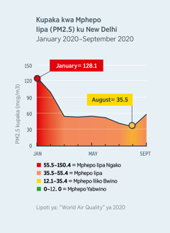 Chati yuonesha kupaka kwa mphepo iipa (PM2.5) ku New Delhi, India. Mphepo iipa yucepa kucoka pa 120.1, yamene yuoneshewa kuti ni iipa ku thanzi ya munthu, mu January 2020, ndipo yawela m’nyansi kufwika pa 35.5, yuoneshewa kuti ni yabwinoko, mu August 2020.