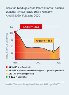 Giraafii baayʼina paartiikiloota faalama uumanii (PM2.5) Niwu Deelii, Hindii keessa ture argisiisu. Inni Amajjii 2020tti galmaaʼee fi 128.1 kaasee jiru nama kamiifiyyuu gaarii miti, inni Hagayya 2020tti galmaaʼee fi 35.5 gadi jiru giddugaleessadha.