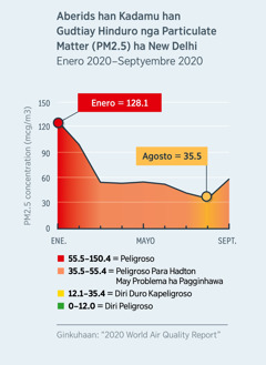 Graph han kalidad han hangin nga nagpapakita han kadamu han gudtiay hinduro nga particulate matter (PM2.5) ha New Delhi, India. An kadamu hito naghamubo tikang ha 120.1, peligroso ha ngatanan, han Enero 2020, ngadto ha mga 35.5, diri duro kapeligroso, han Agosto 2020.