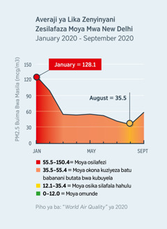 Siswaniso sesibonisa buñata bwa moya omunde ni moya osilafalizwe mwa New Delhi, India. Moya osilafezi ili one uungiwa kuli umaswe mwa silimo sa 2020 mwa January, neukusufalile kuzwa 120.1, kutaha fa 35.5 mwa kweli August 2020, ili moya one ungiwa kuli ki omunde hanyinyani.