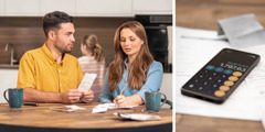 Collage: 1. Parents discuss their finances at their dining table while their daughter is nearby in the kitchen. 2. A phone with the calculator app open lies on top of some bills and receipts.