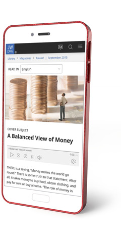 Un telefono sul cui schermo si vede un articolo di jw.org dal titolo “Un concetto equilibrato del denaro”.