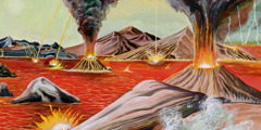 La Tierra en estado primitivo, cubierta de agua, rocas y volcanes