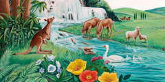Animals, flowers, trees, and a waterfall in the beautiful garden of Eden