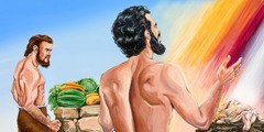 Kain bär fram grönsaker till Gud, Abel bär fram en gåva i form av ett får.