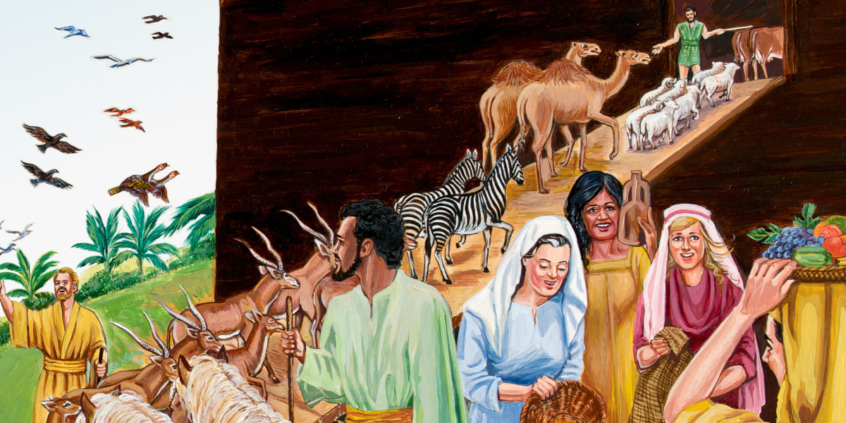 Noah and his family bring animals and supplies into the ark