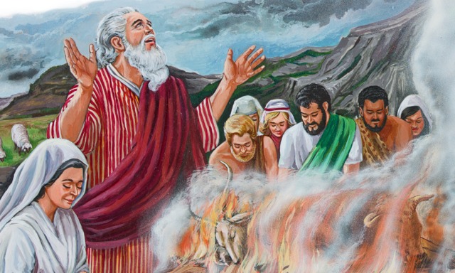 Noé y su familia haciendo una ofrenda de gracias a Jehová