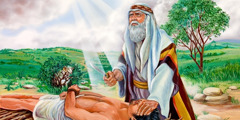 Abraham prepares to sacrifice Isaac; a sheep is caught in some nearby bushes
