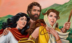 Lot y sus hijas miran directo al frente mientras huyen de Sodoma