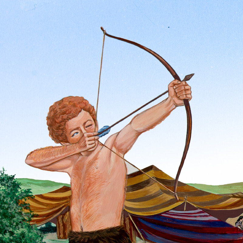 Young Esau aims to shoot using his bow and arrow