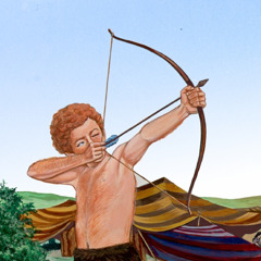 Esaú, de niño, apunta antes de disparar con su arco y flecha
